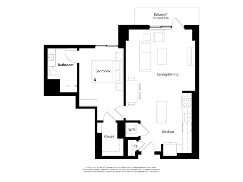 Floor plan for 1 bed, 1 bath, 813 sqft